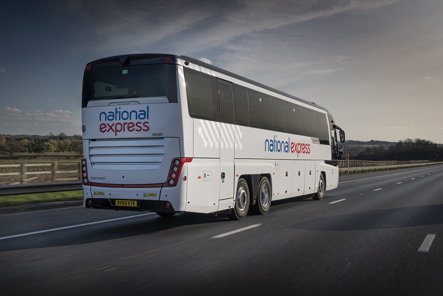 An image of a National Express coach on the motorway